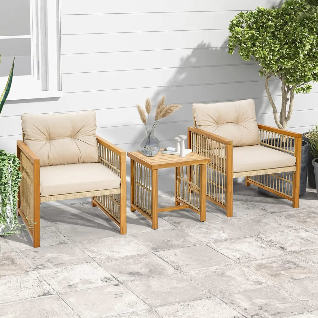 3 Piece Acacia Wood Patio Bistro Set PE Wicker Cushioned Chairs Coffee Table Outdoor Porch Deck Balcony