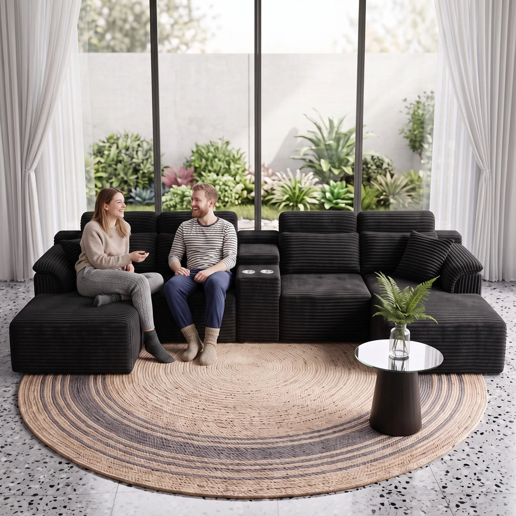 Modern Modular U-Shaped Sectional Sofa, Compressed Corduroy Couch with Storage Console & Cup Holders