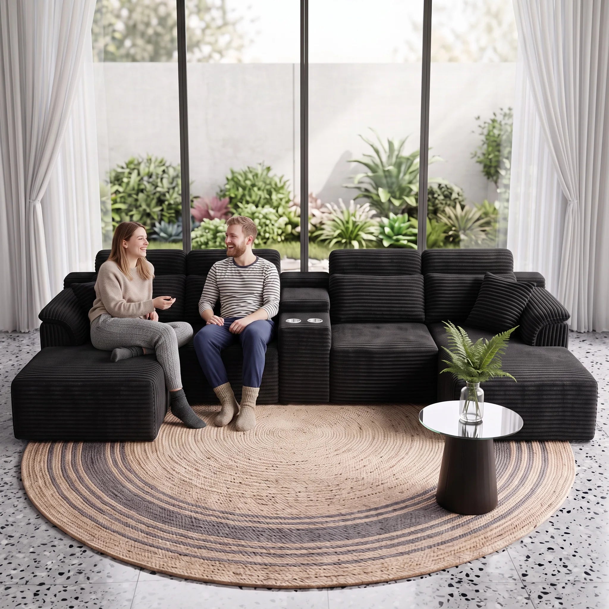 Modern Modular U-Shaped Sectional Sofa, Compressed Corduroy Couch with Storage Console & Cup Holders