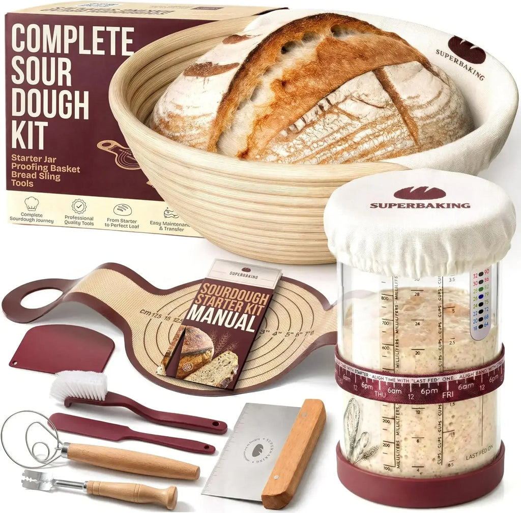 Super baking Sourdough Starter Kit, 9" Splinter-Free Banneton Bread Proofing Basket Set with Non-Stick Silicone Dough Sling & Glass Starter Jar Kit, Sourdough Bread Baking Supplies, Sourdough Tools
