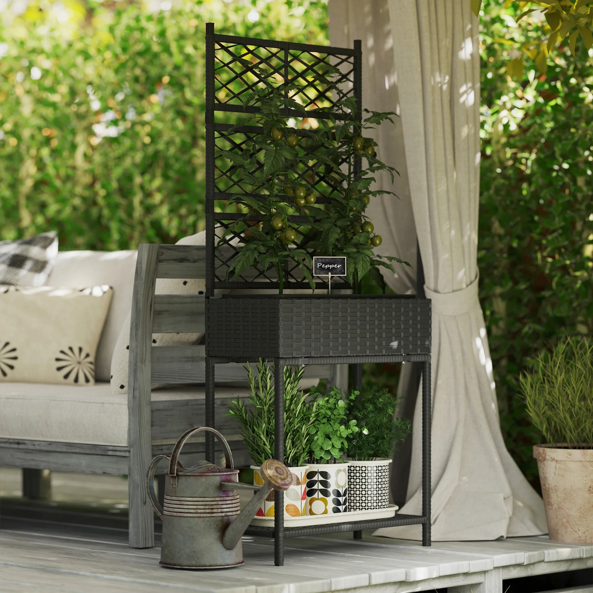 Rattan Raised Planter Box with Trellis and Storage Shelf, Black