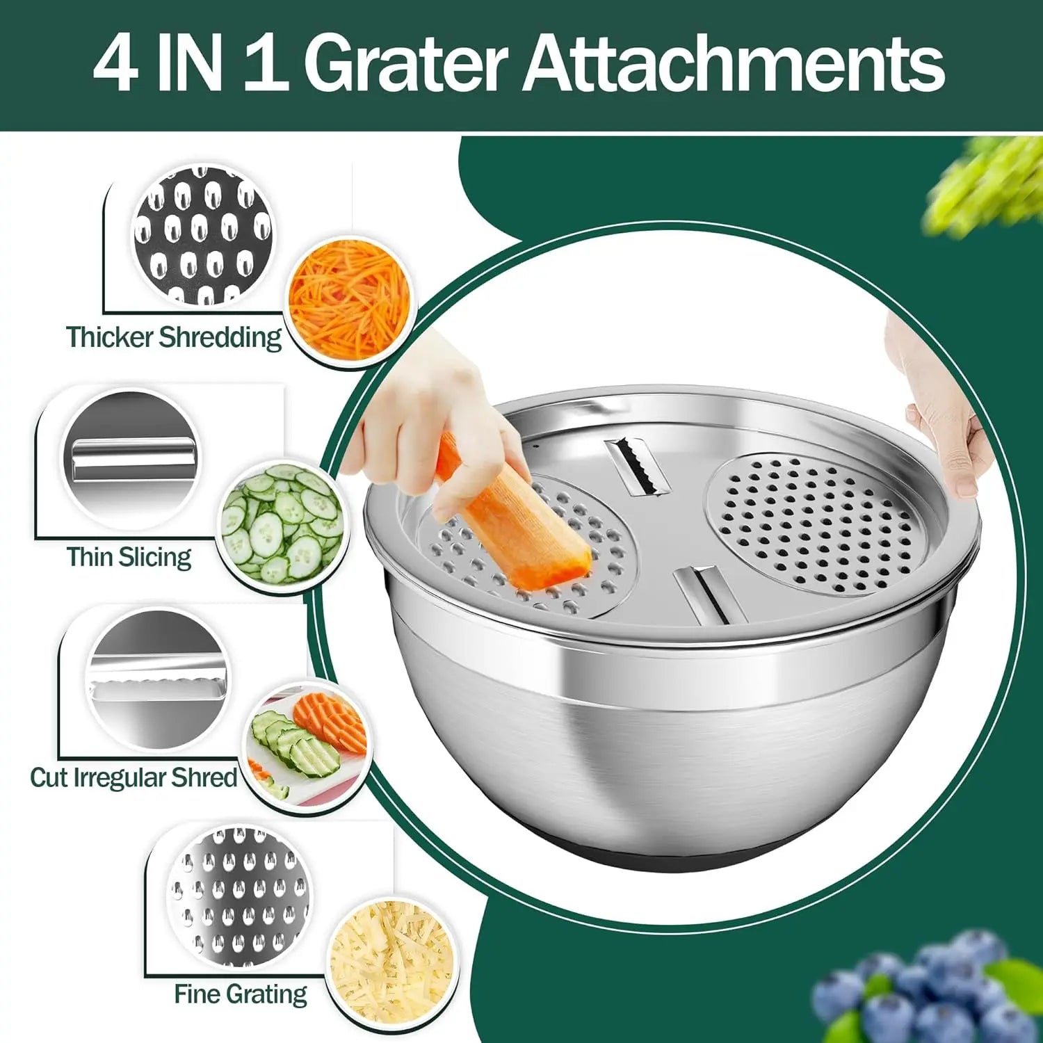 3 nested kitchen metal bowls, colander and grater, non-slip bottom, perfect for mixing and serving
