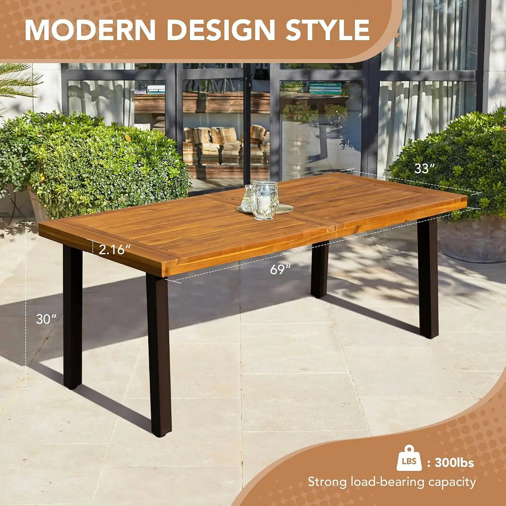 Home Acacia Wood Dining Table 6-Person Indoor Outdoor Table with Iron Legs, Sandblast Finish, Natural Stained, Rustic Metal, 69 * 33 * 30 inch (Natural)