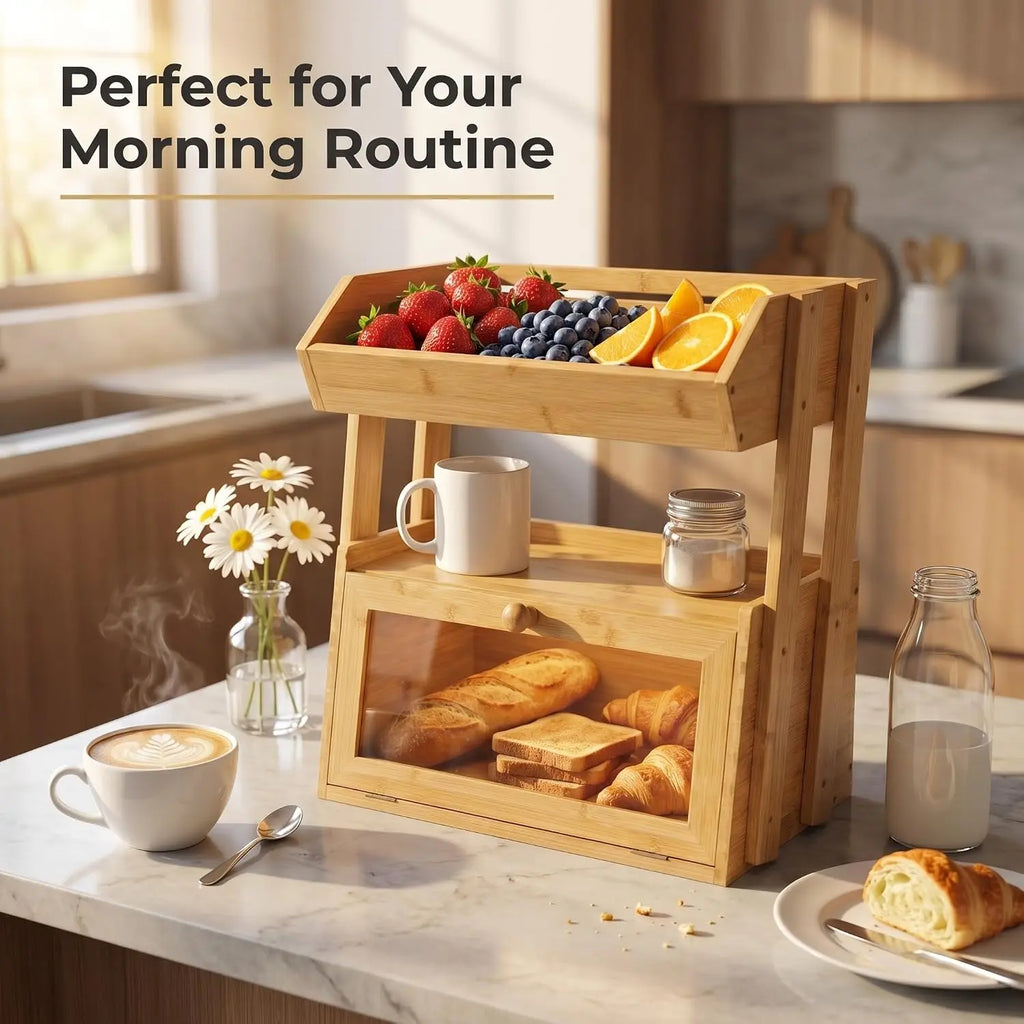 Bamboo 2 Tier Large Storage with Fruit Basket Top and Window, Farmhouse Organizer for Snacks & Vegetables