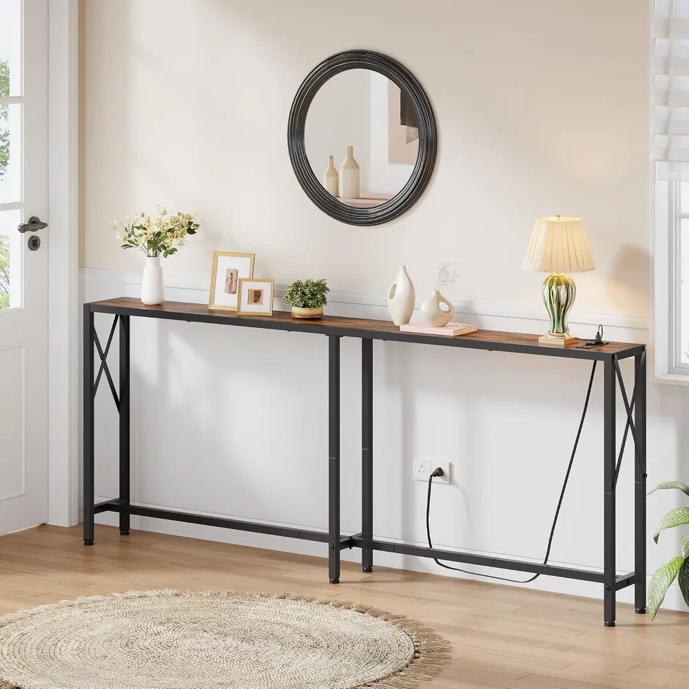 70 In Skinny Sofa Table Behind Couch, Console Table with Outlets & USB Ports for Hallway, Entryway, Living Room, Bedroom, Rustic Brown