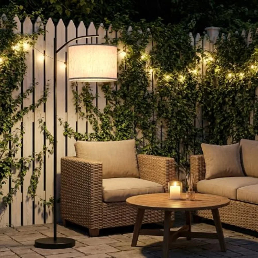 Solar Outdoor Floor Lamp for Patio, Cordless Arc Standing Lamp with Heavy Base and Weatherproof Shade