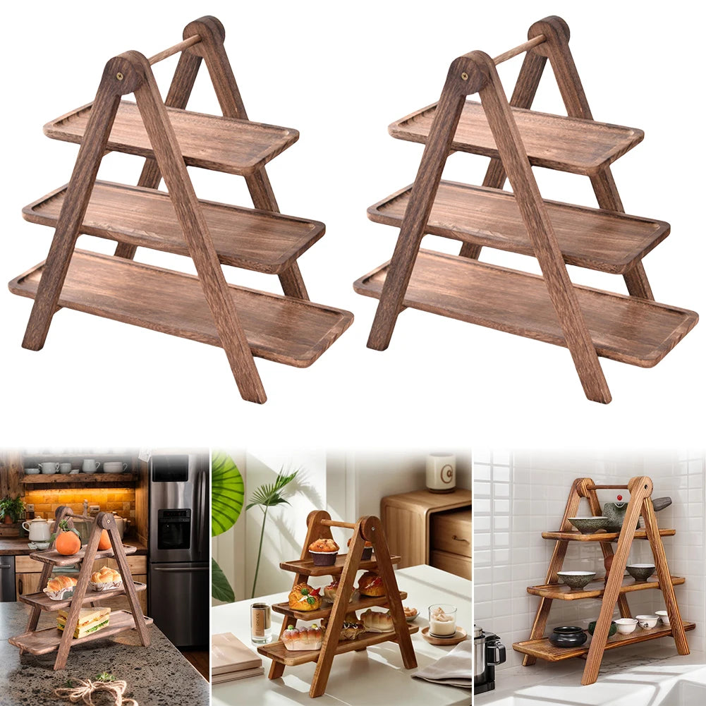 2Pcs Wooden Serving Platter 3 Tier