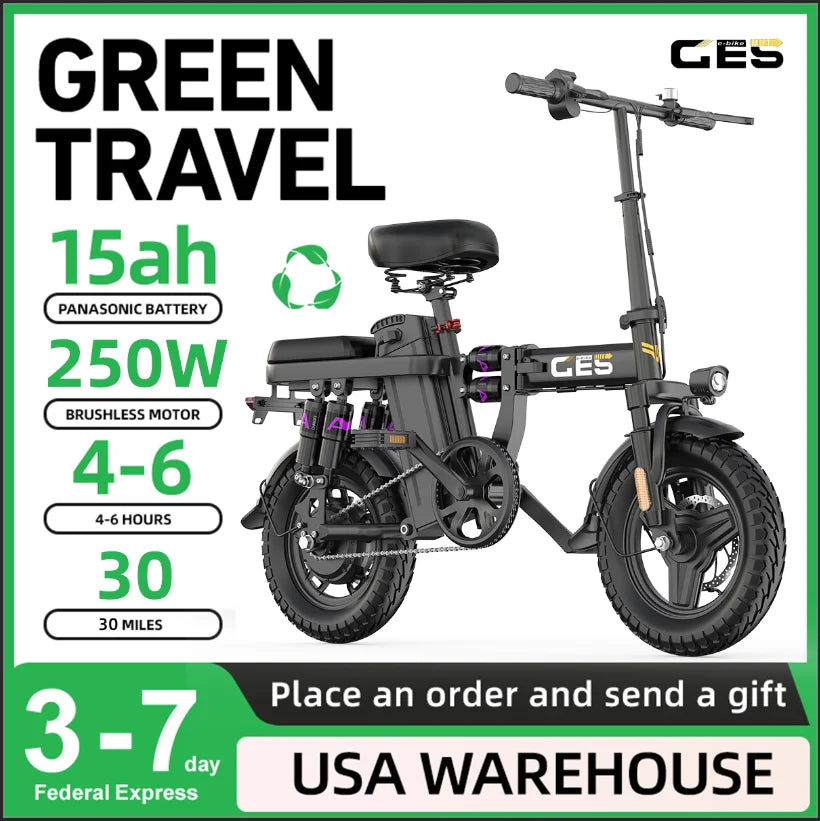 E Bike 30+MPH  Folding  30 Miles Max Range 14" Fat Tire