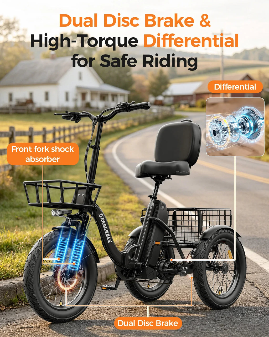 3 Wheel Electric Bike with 18"x3.0 Fat Tires, 60 Miles Range, Folding Cargo E-Bike with Wide Comfort Seat & Basket for Seniors-Black