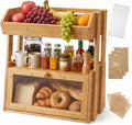 Bamboo 2 Tier Large Storage with Fruit Basket Top and Window, Farmhouse Organizer for Snacks & Vegetables