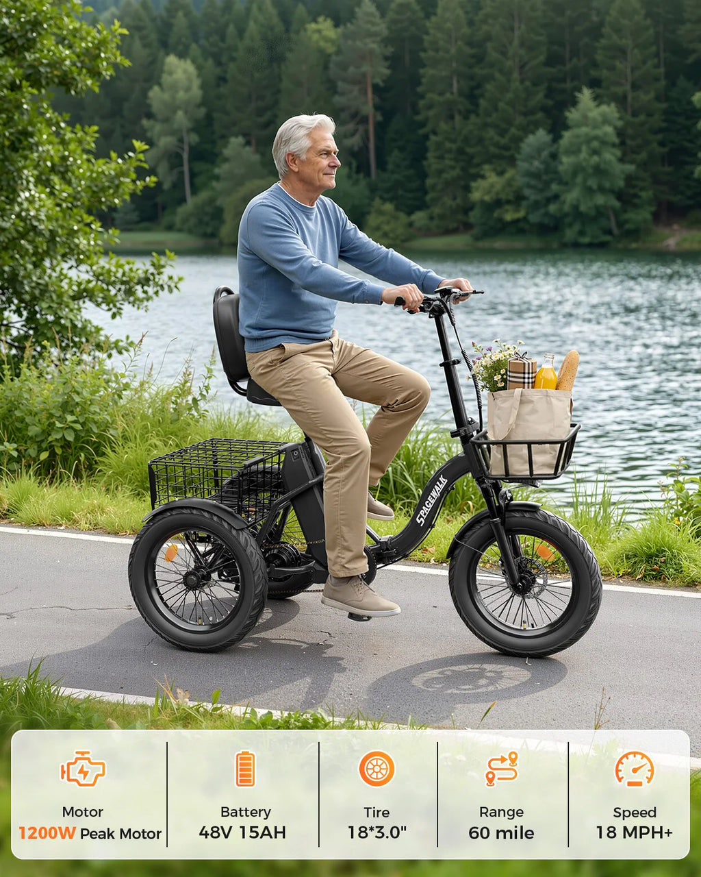 3 Wheel Electric Bike with 18"x3.0 Fat Tires, 60 Miles Range, Folding Cargo E-Bike with Wide Comfort Seat & Basket for Seniors-Black