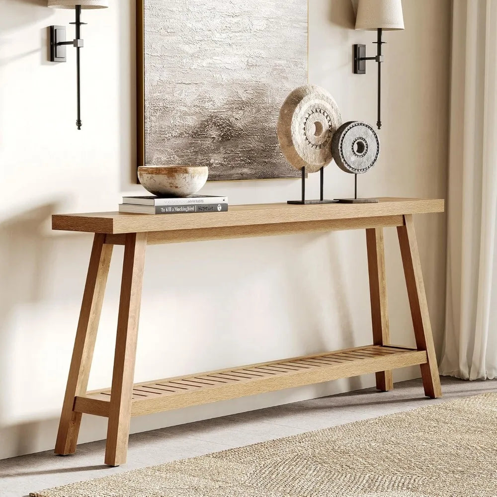 Extra Long Console Table for Entryway, 2-Tier Narrow Wood Sofa Table Behind Couch