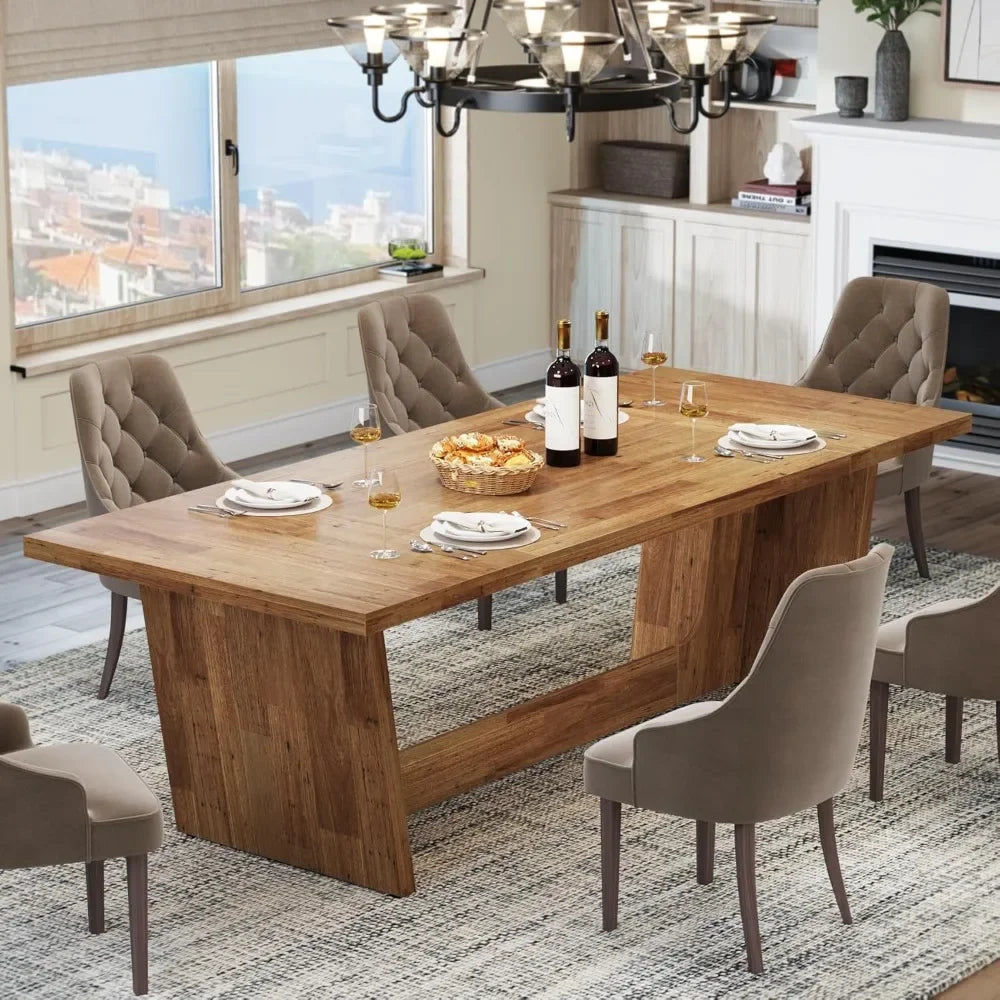 Large Wooden Dining Table for 6-8 People, Rectangular Farmhouse with Sturdy Base