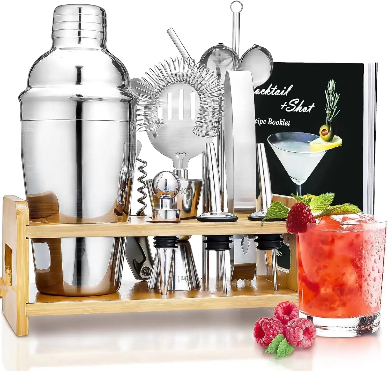 Cocktail Shaker Set with Bamboo Stand,14 Pcs Mixology Bartender Kit,304 Stainless Steel Bartending Kit,Bar Accessoriess for Home