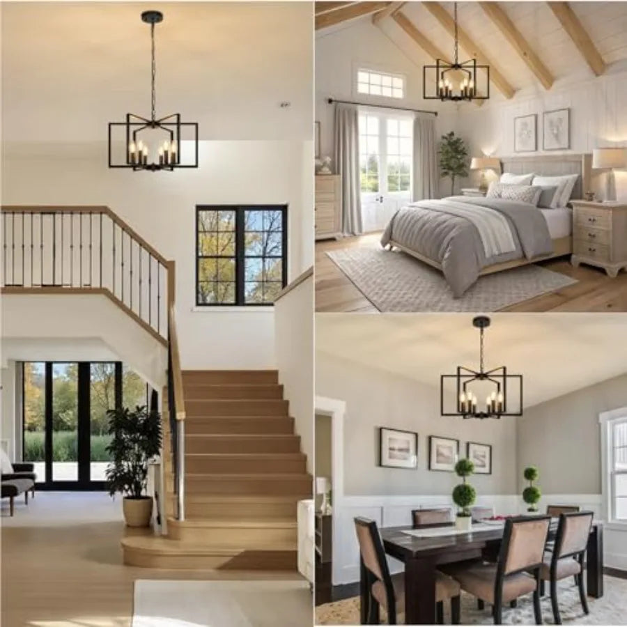 Farmhouse Chandelier, 6 Light Geometric Dining Room Light Fixture, Modern Industrial Metal Ceiling Light Rustic Hanging Pendant