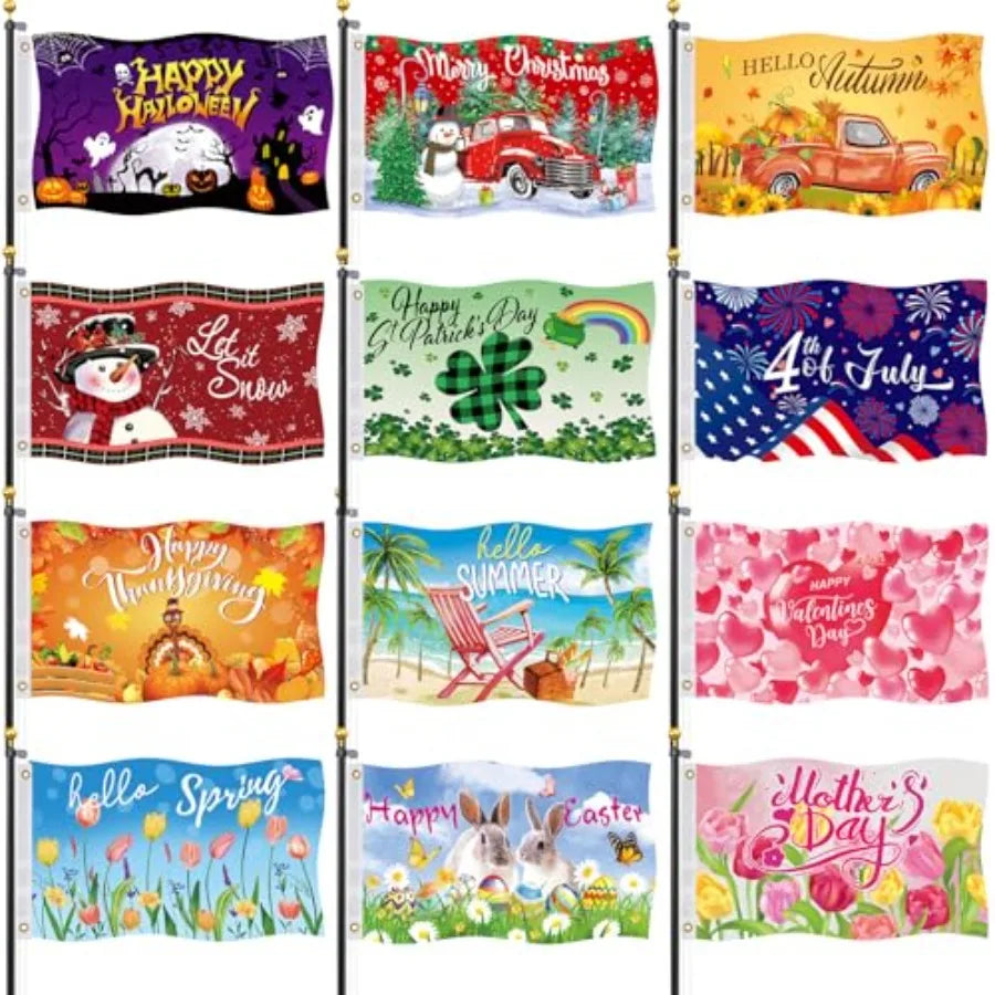 Seasonal Garden Flags Set of 12-3x5 ft Large Outdoor Yard Flags for All Seasons, Fall, Winter, Halloween, and Christmas - Holid