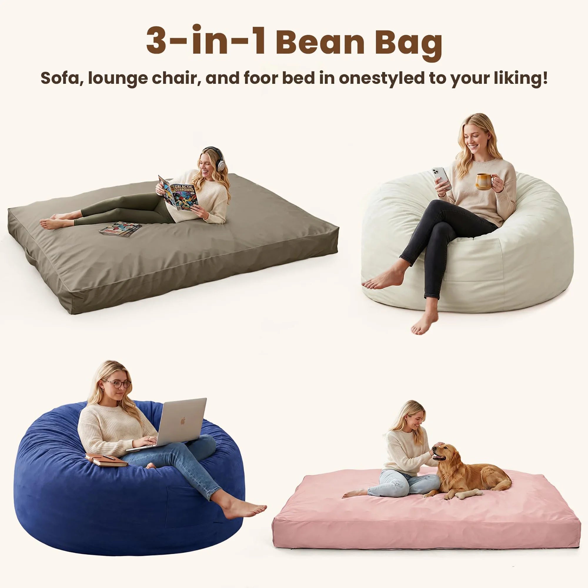 4 In 1 Convertible Bean Bag Bed, Memory Foam Floor Sofa, Flannel Cover With Inner Liner For Home
