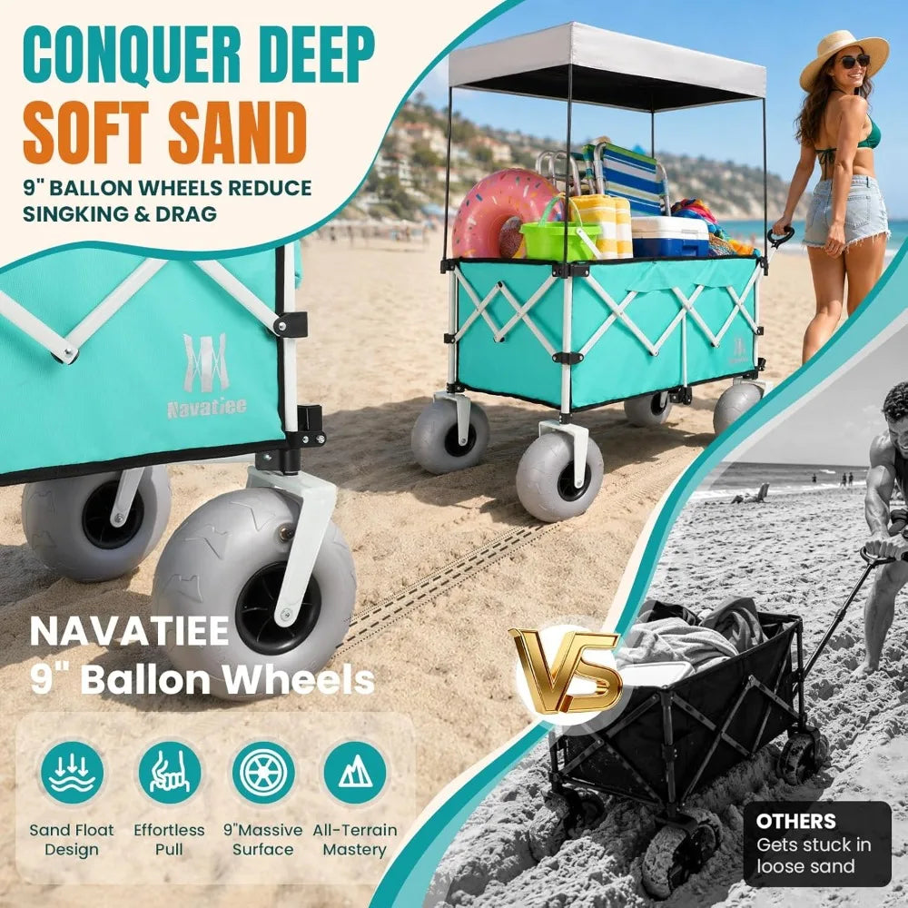 200L Beach Wagon with 9" Balloon Wheels for Sand, 440Lbs Heavy Duty Folding Cart with Canopy, Light Blue