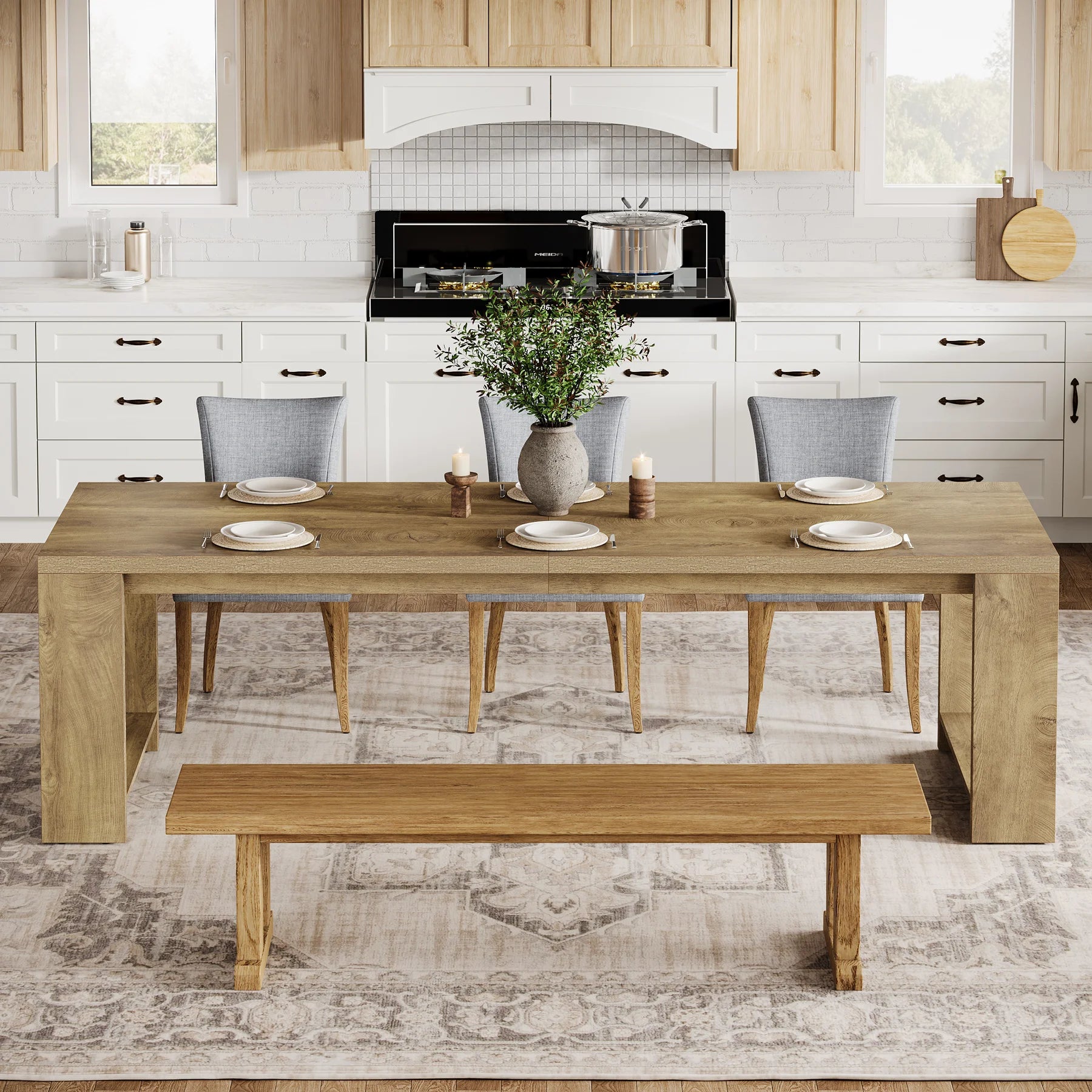 86.61-Inch Dining Table for 6-8 People, Modern Narrow Long Kitchen Table with Pedestal Base