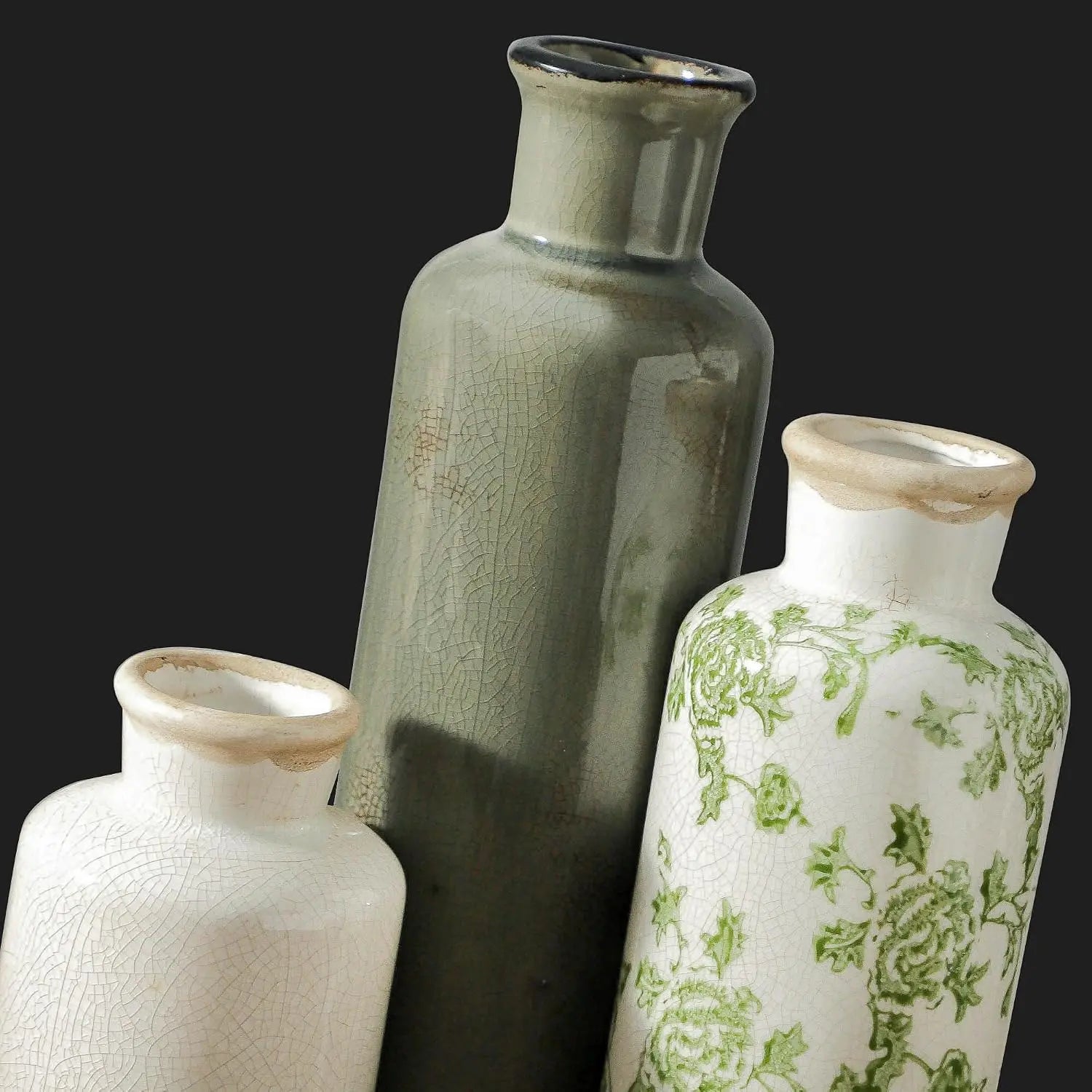 Set of 3, Ceramic Vintage Flower Vases, Kitchen Living Room Office - Green and Beige