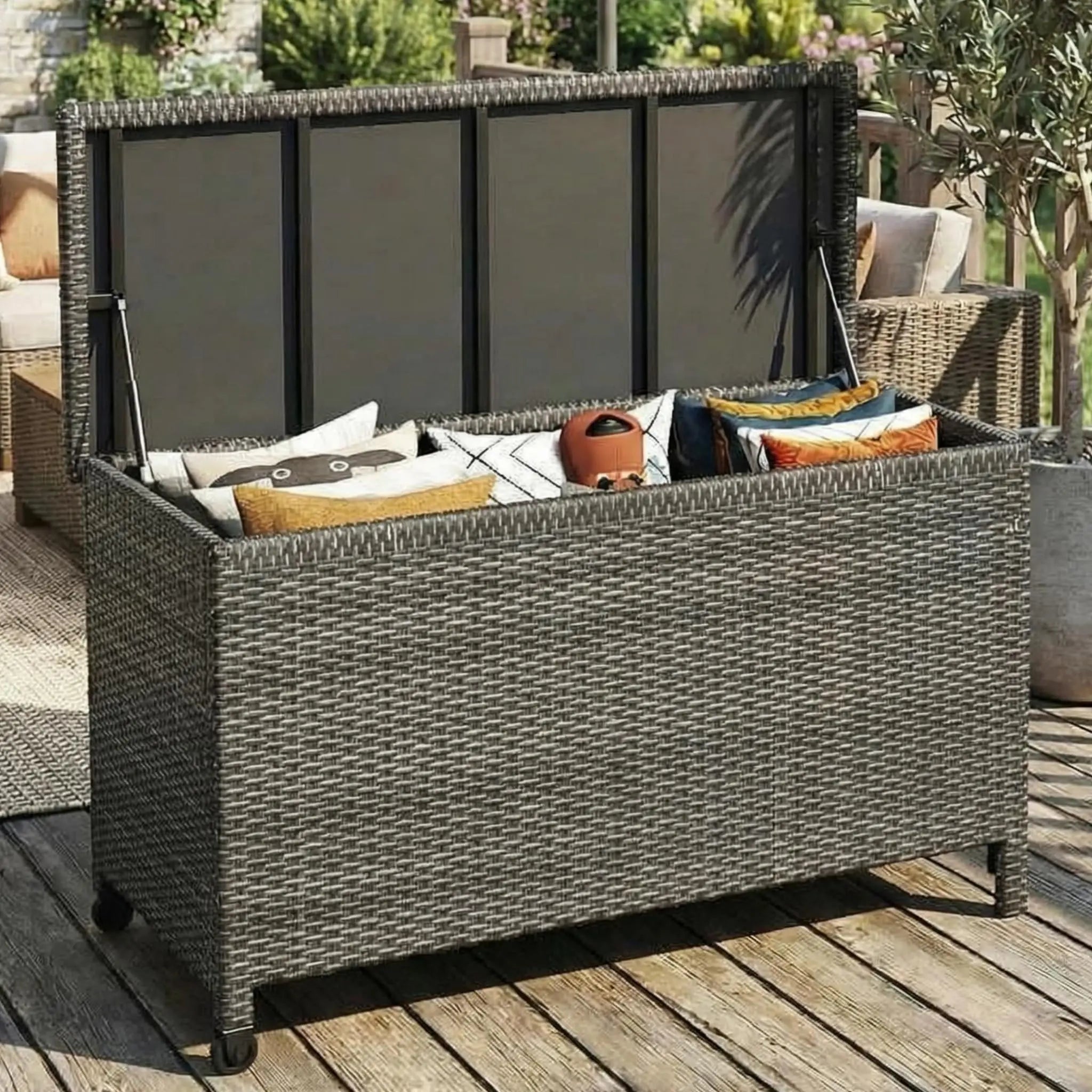 125 Gallon Waterproof PE Rattan Wicker Storage Chest With Wheels And Handles Large Capacity Patio Organizer