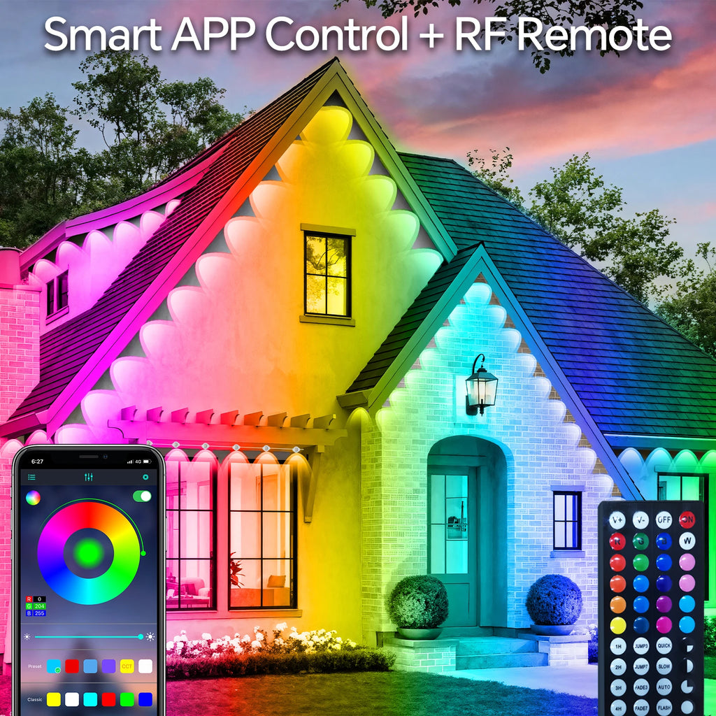 200FT Permanent Outdoor LED Eaves Lights RGB Waterproof Smart String Lights App Remote Control Color Changing Lamp for House Roof Garden