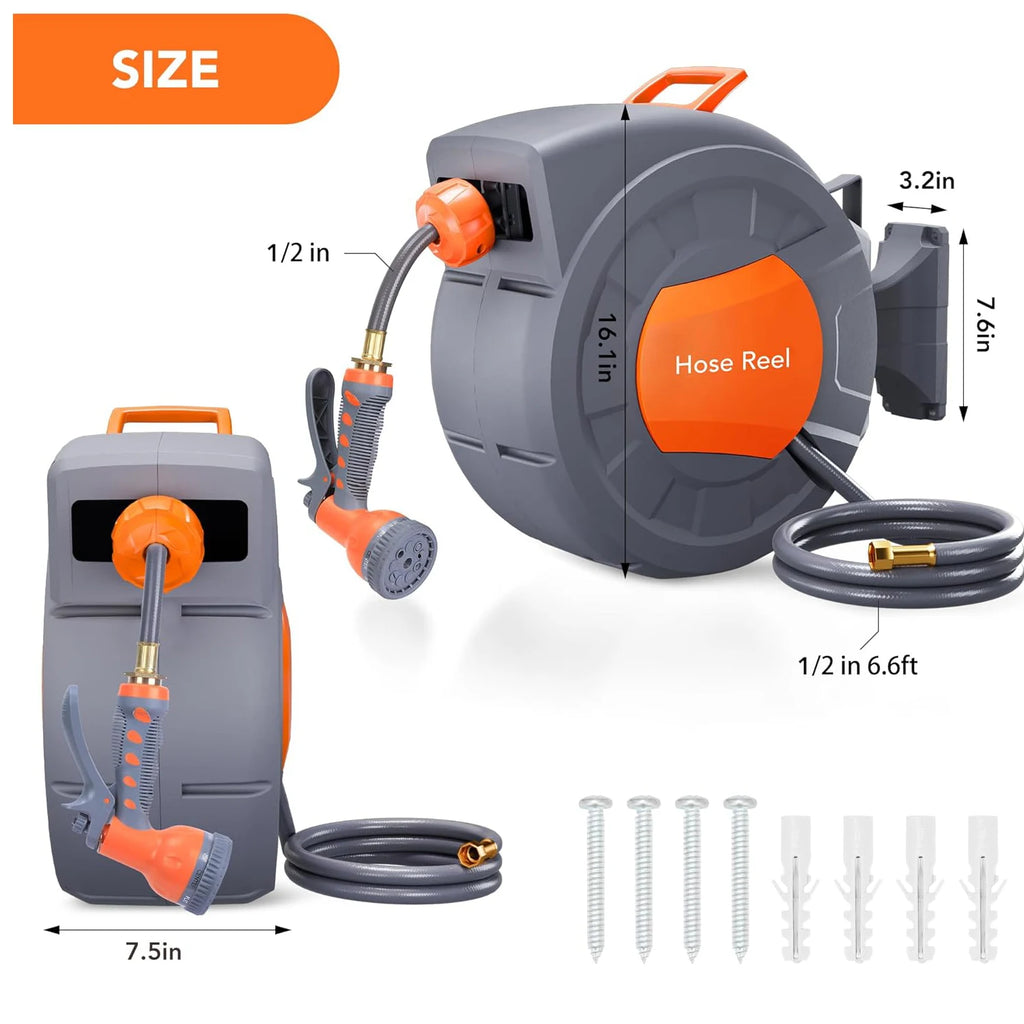 Retractable Garden Water Hose Reel 1/2 In x 100 FT, Wall Mounted for Outside with 9 Function Sprayer Nozzle  Automatic Rewind