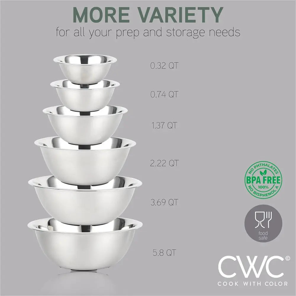 6-Piece Stainless Steel Mixing Bowl Set with Non-Slip Bottoms, Silver