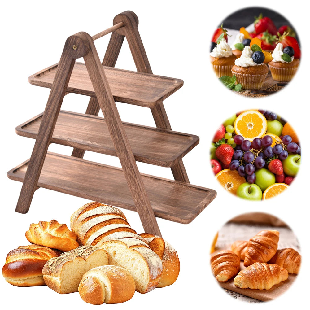 2Pcs Wooden Serving Platter 3 Tier