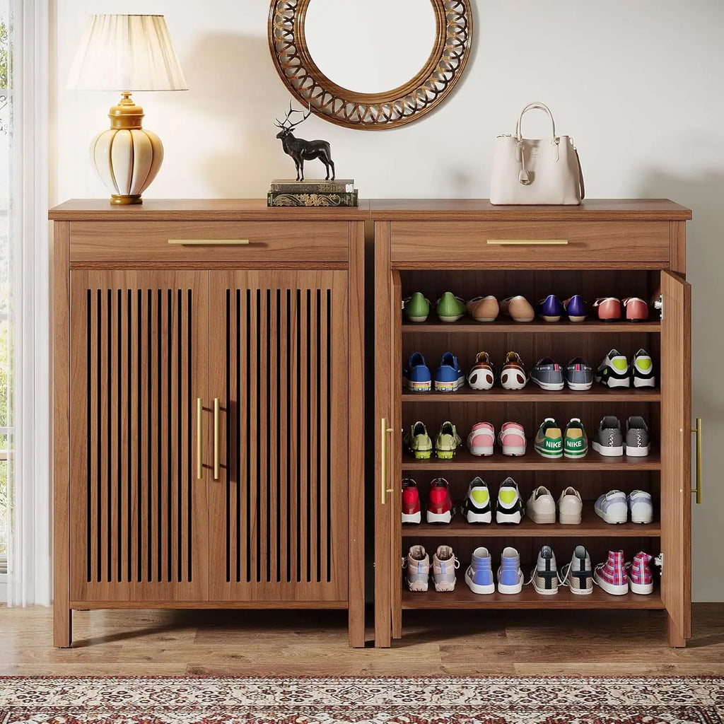 5-Tier Wooden Shoe Cabinet with Louvered Doors, Freestanding