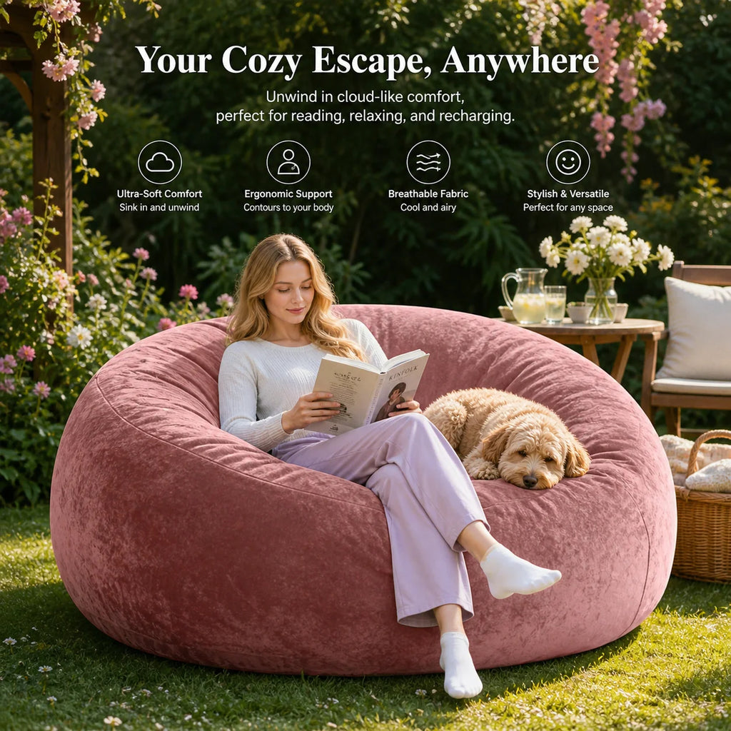 adult beanbag chair with padded beanbag inside, memory foam chair, soft flannel washable cover, ideal reading seat for bedrooms and dorms.