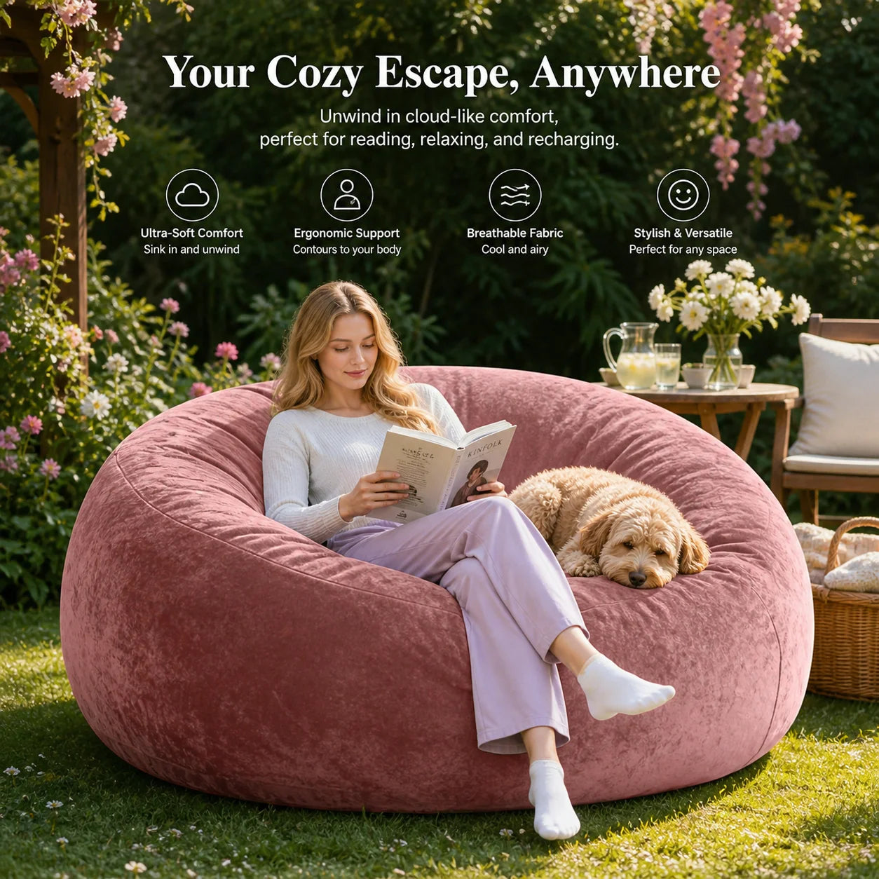 adult beanbag chair with padded beanbag inside, memory foam chair, soft flannel washable cover, ideal reading seat for bedrooms and dorms.