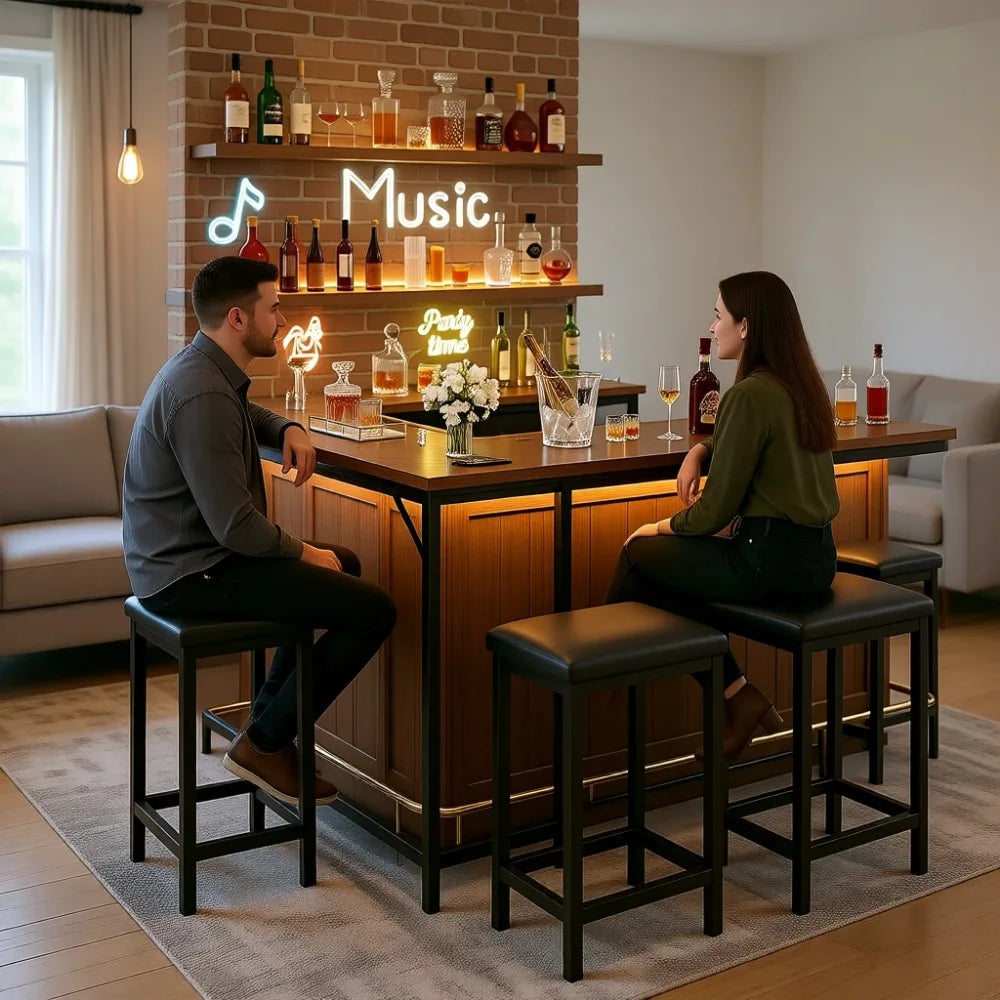 L-Shaped Bar Table Set with Counter Height, USB Charging, Cable Management, Space-Saving Pub Table, 2 Padded Stools