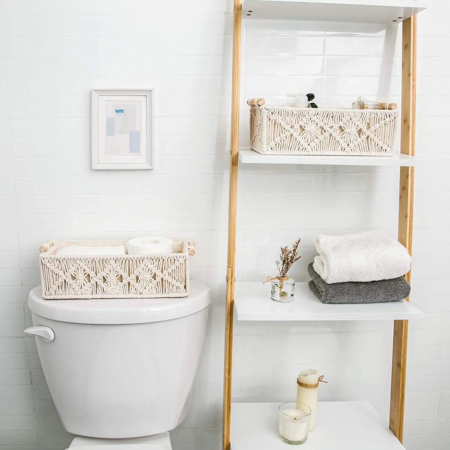 Boho Decor Box Handmade Woven Decorative Countertop Toilet Tank Shelf Cabinet Organizer for Bedroom Livingroom Home, Set of 2, Ivory