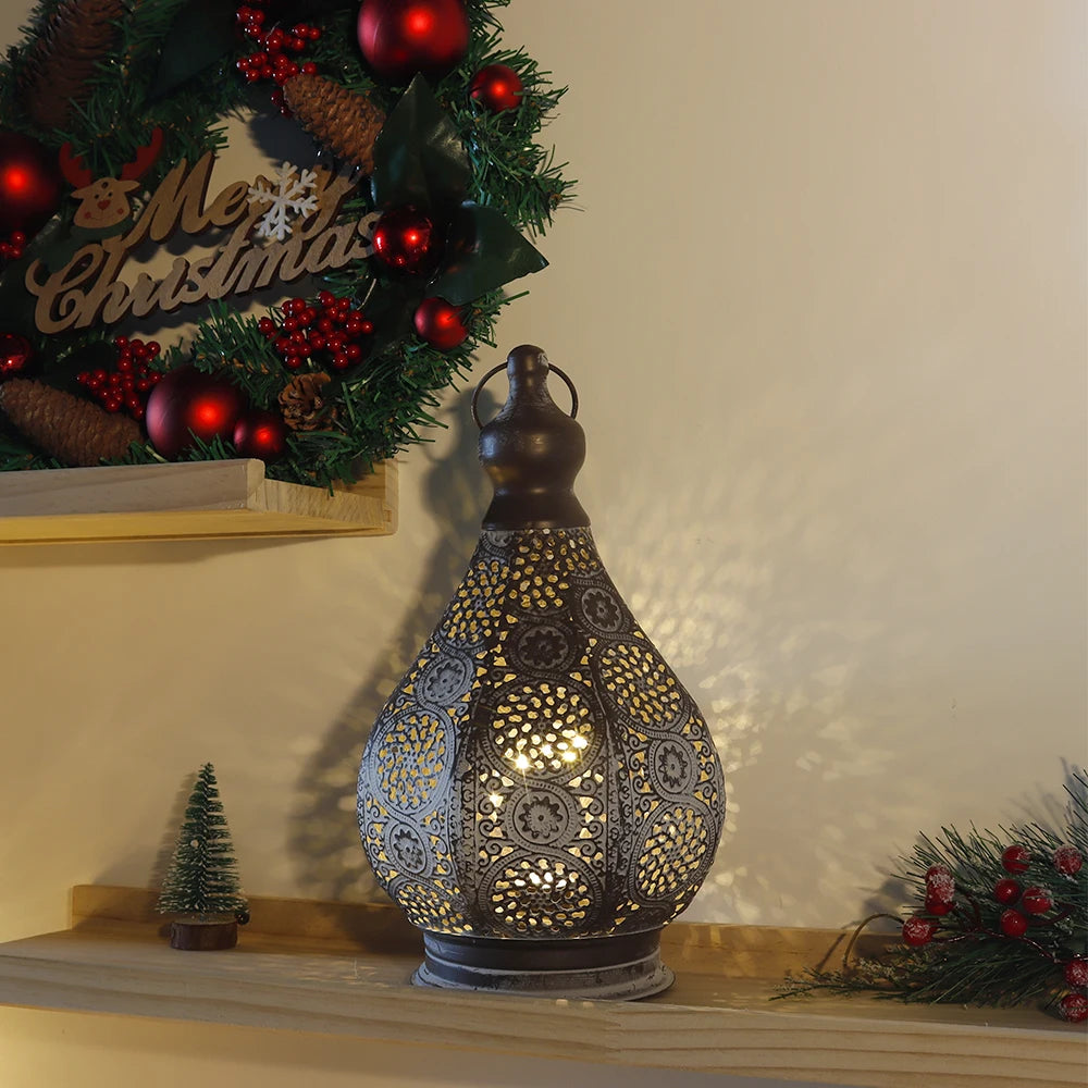 Moroccan Battery Powered Table Lamp Metal Lantern Home Decor