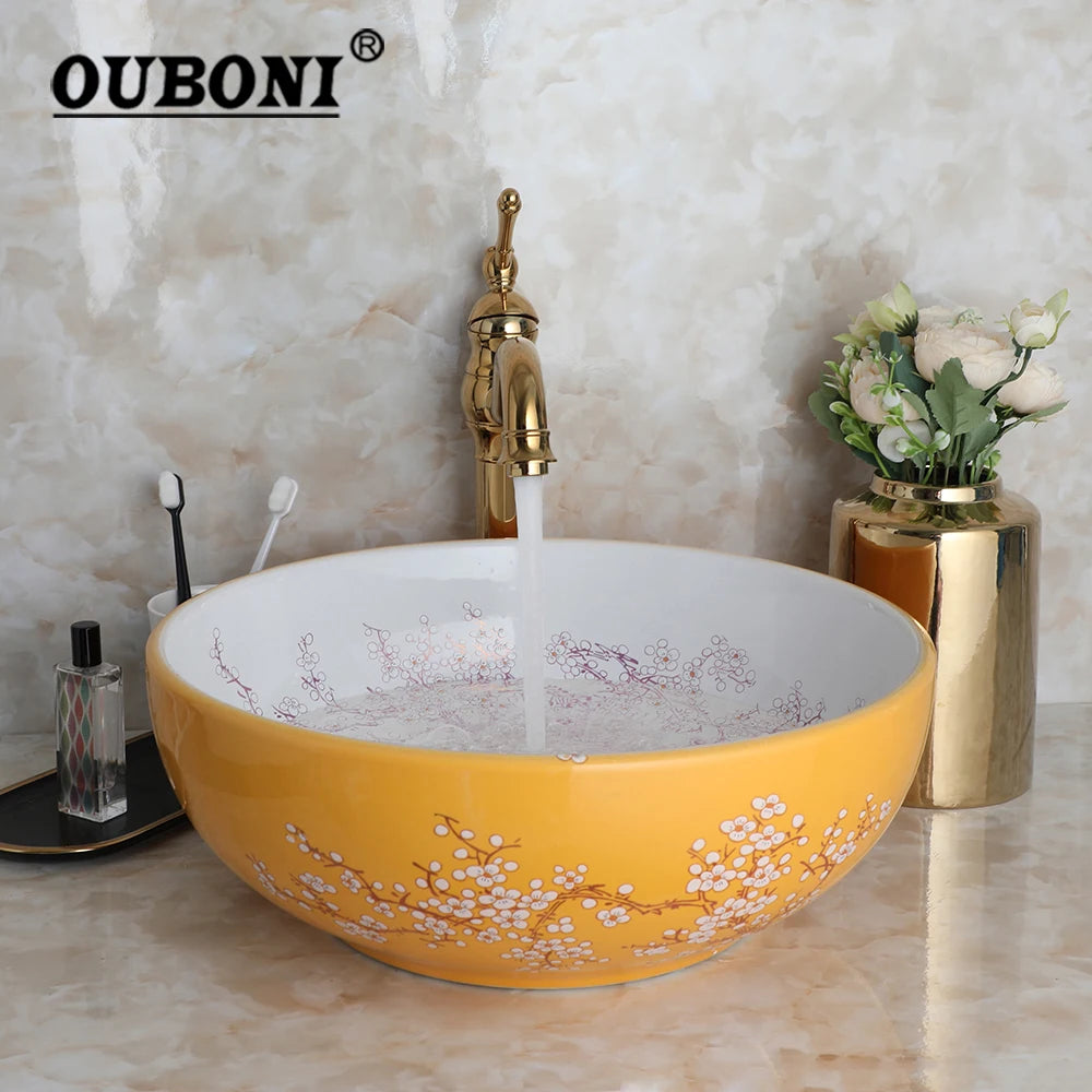 OUBONI  Shaped Ceramic Bathroom Basin Set Art Flower Pattern Sink With Golden Or Antique Faucets