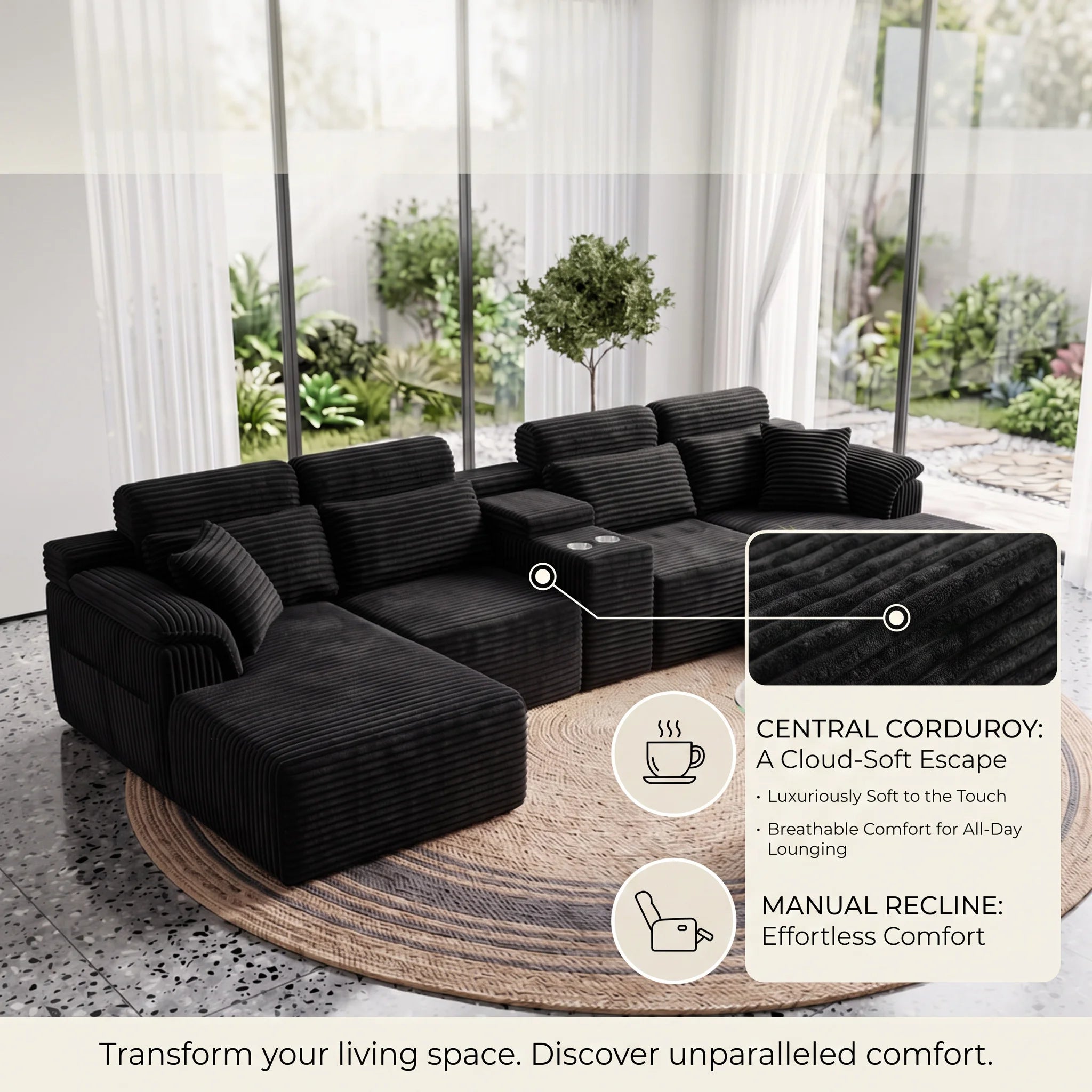 Modern Modular U-Shaped Sectional Sofa, Compressed Corduroy Couch with Storage Console & Cup Holders