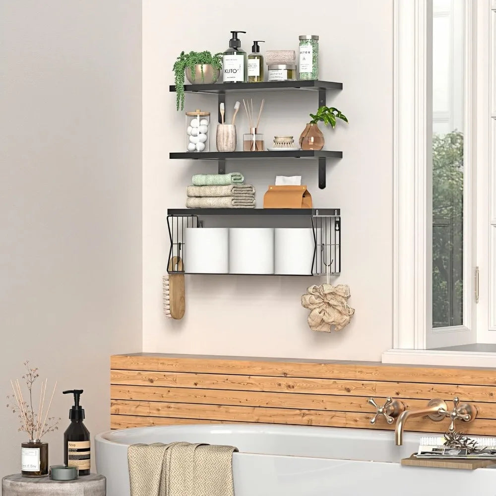 Floating Bathroom Shelves Set of 3 - Wall Mounted Wooden Shelf for Over Toilet Storage