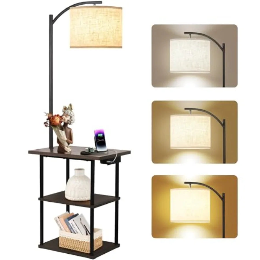 Floor Lamp with Table, End Tables with Charging Station USB and Type-C and AC Port,3 Color Temperatures 9W LED Bulb.