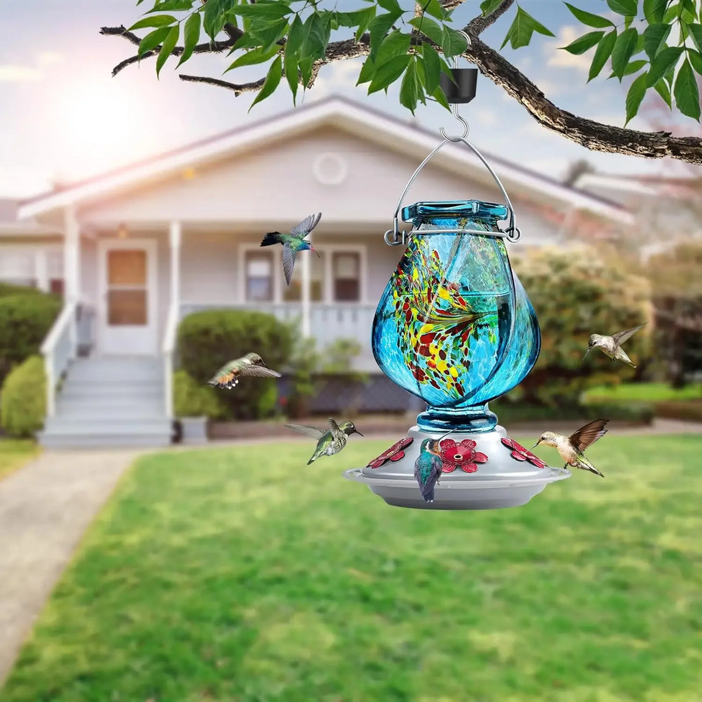 Hummingbird Feeder, Hand Blown Glass Hummingbird Feeders for Outdoors Hanging with Ant Moat, 5 Bee-Proof Ports, Leak-Proof, 360°