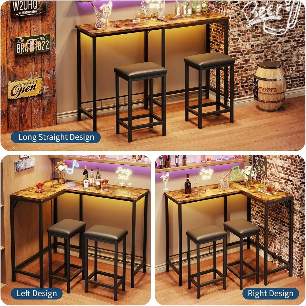L-Shaped Bar Table Set with Counter Height, USB Charging, Cable Management, Space-Saving Pub Table, 2 Padded Stools