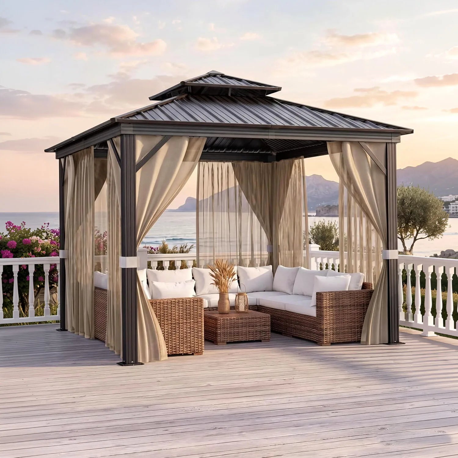 Hardtop Gazebo 12x12 ft, with Reinforced Aluminum Frame, Double Metal Roof, Net, and Curtain, Pergola for Patio, Deck, Backyard, Lawn, and Garden