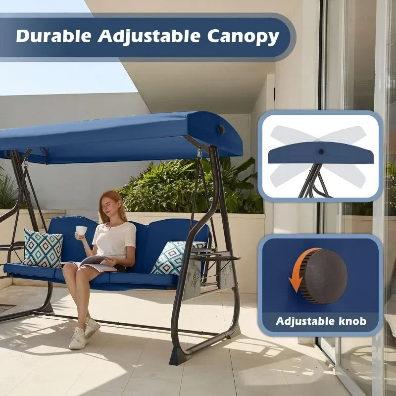 3-Seat Patio Porch Swing 800LBS  with Stand w/Canopy & Backrest Patio Glider Chair for Balcony Garden Deck