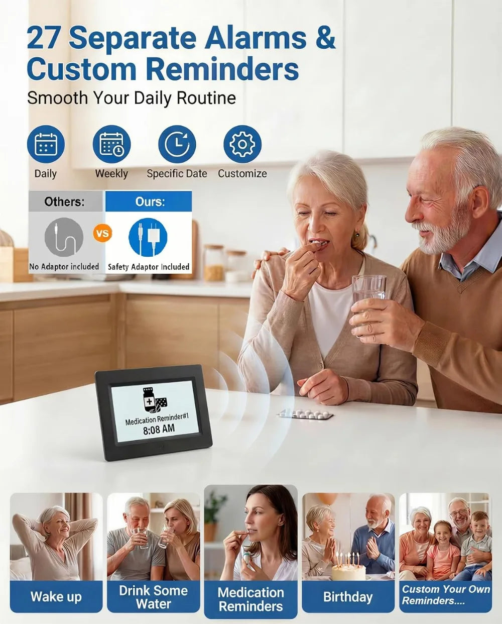 27 Alarms Talking Clock with Time Date, Auto DST, 20 Reminders, Dimmer, Sleep Trainer, Large Calendar for Seniors, with Remote