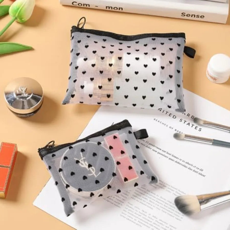 4-Piece Heart Printed Mesh Makeup Bag Set, Portable Travel Mesh Cosmet – thenestingnooksupply