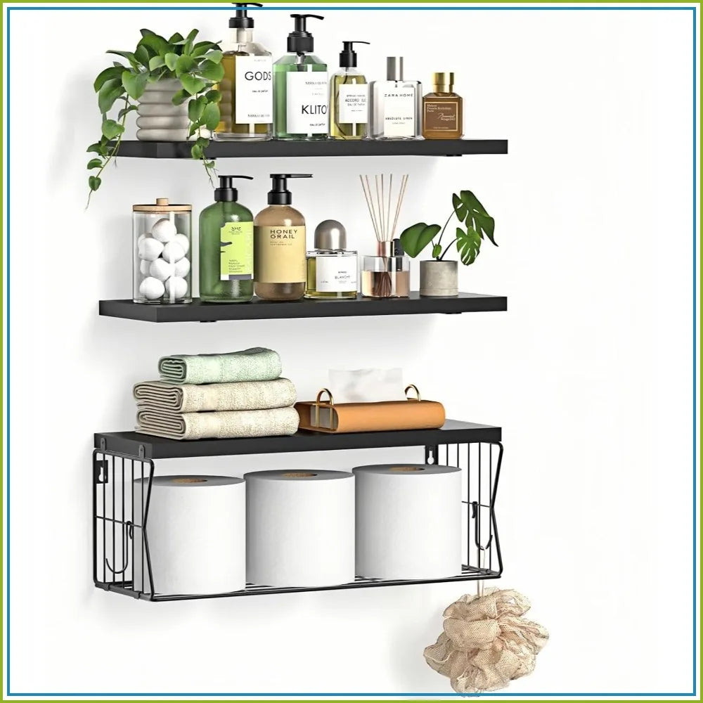 Floating Bathroom Shelves Set of 3 - Wall Mounted Wooden Shelf for Over Toilet Storage