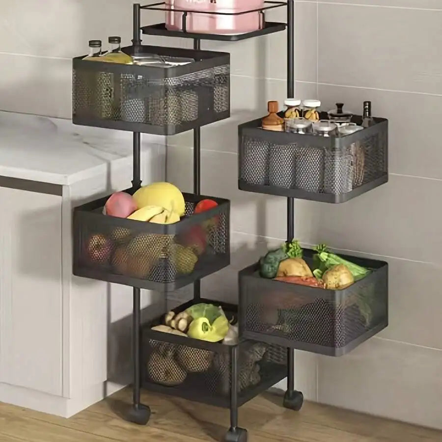 5 Tier, Metal Fruit Vegetable Storage Basket Multi-Layer Vegetable Rack Storage Trolley On Wheels