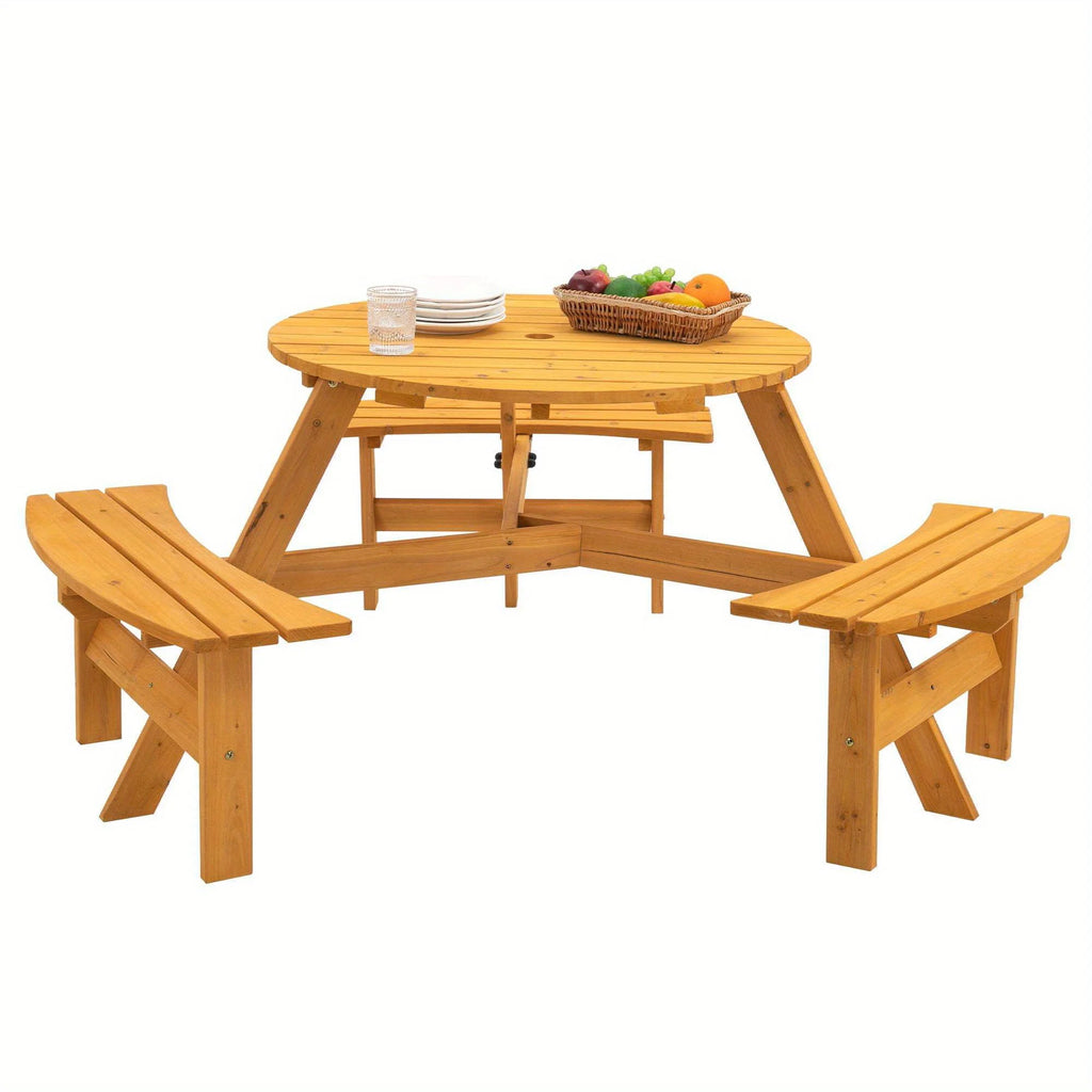6-Person Wooden Picnic Table With Round Table And Benches For Outdoor Gathering