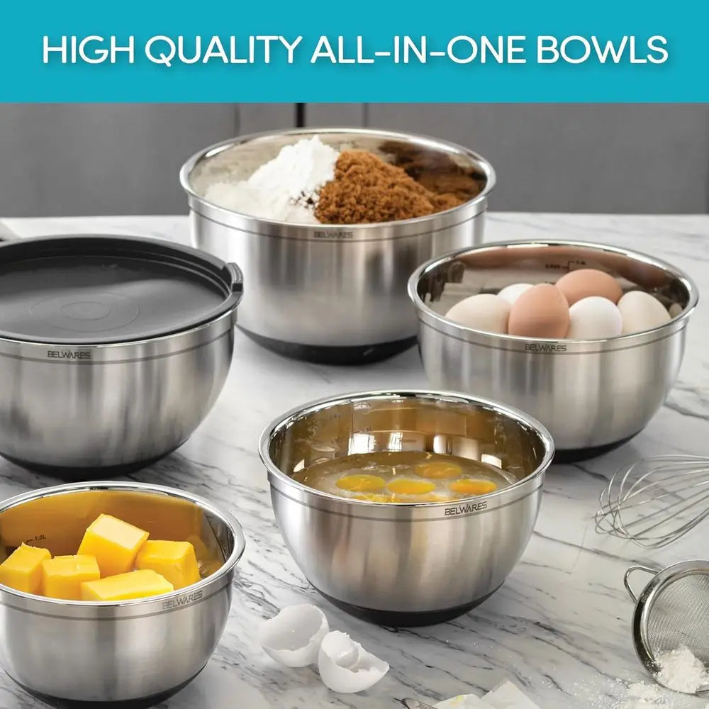 5-Piece Stainless Steel Mixing Bowl Set with Lids, Non-Slip Base, 3 Grater Attachments