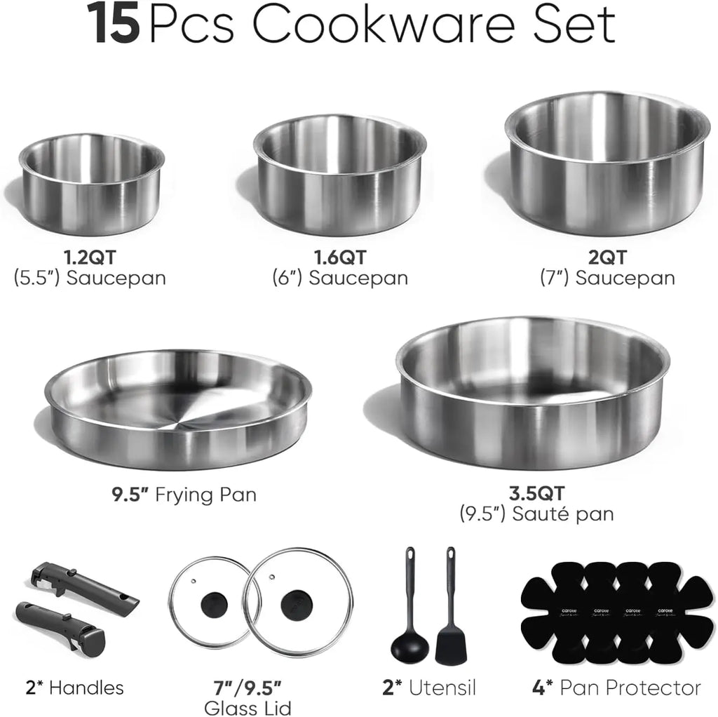15pcs Induction Kitchen Cookware Sets with Removable Handle